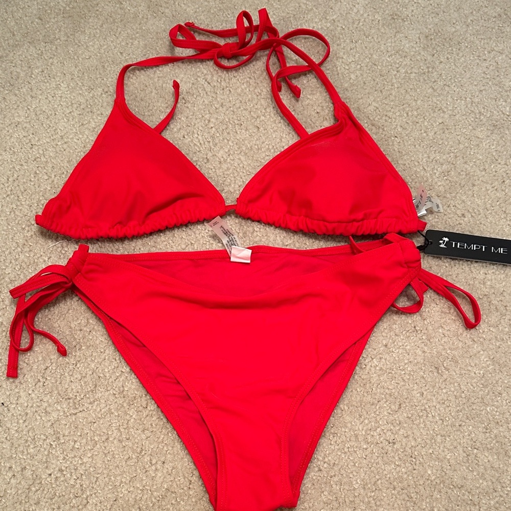 Bright Red Tie-Side Triangle Bikini